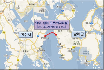 남해군은 남해~여수 해저터널 건설사업 조기추진에 경남도 차원의 공동대응을 건의했다. 사진은 사업 위치도.