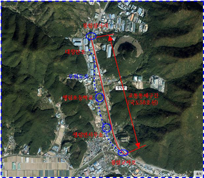 김해시가 생림면 국도 58호선 구간을 대상으로 복선화사업 공사를 본격 추진하면서 교통 통제에 나선다. 사진은 공사구간 위치도.