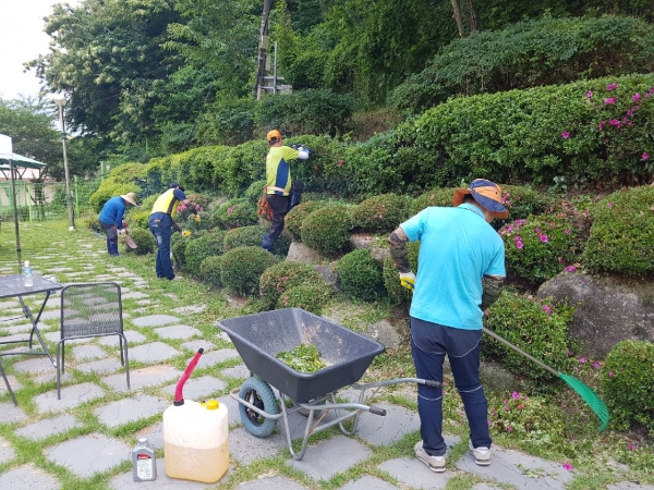 고성교육청 봉사동아리 ‘아름다운 동행’이 환경개선작업 봉사를 진행하는 모습.