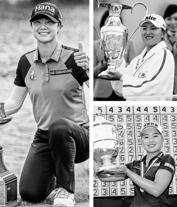 한국 여자골프 선수들이 메이저 대회에서 3개 대회 연속 우승에 도전한다. 사진은 왼쪽부터 시계방향으로 박성현， 고진영， 이정은.연합뉴스