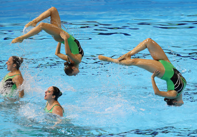 지난 10일 광주시 염주종합체육관에서 열린 2019 광주 세계 마스터즈 수영선수권대회 아티스틱 수영 팀 프리 여자 25-34세 부문에 출전한 스위스 선수들이 경기를 펼치고 있다.
